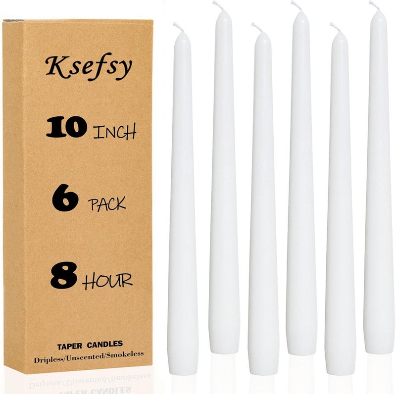 Ksefsy Ksefey 10 Inch White Taper Candles Set of 6 - Dripless,Unscented,8 Hours Burn Time-Perfect for Wedding,Dinner,Party and Home Decor - Image 1